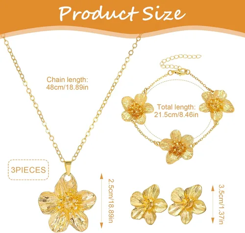 Vista 2 de Juego de joyas de flores doradas para mujer, delicado collar de flores doradas, aretes de flores bohemios para mujer, regalos de joyería floral