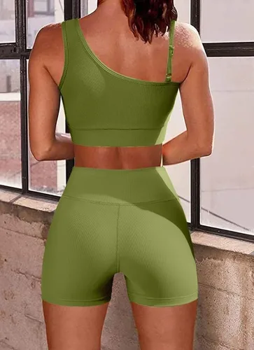 Vista 6 de Conjuntos de entrenamiento para mujer, trajes de 2 piezas, un hombro, sin costuras, brasier deportivo de cintura alta, pantalones cortos