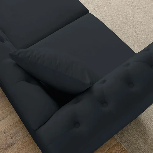 Vista 9 de 80" Black Velvet Chesterfield Sofa for Living Room,2 Pcs 3 Seater Sofa Button Tufted Nailhead Trimming Rolled Arms with Wood Frame with 4 Pillows