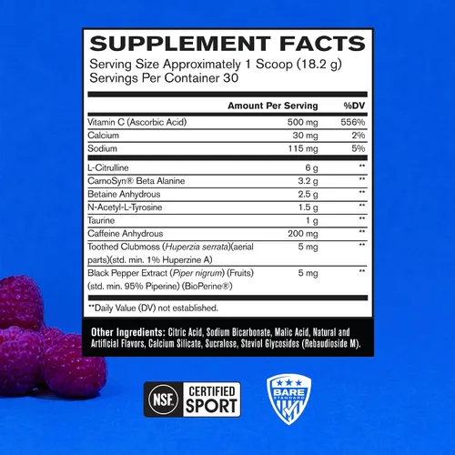 Vista 2 de Bare Performance Nutrition, BPN Flight Pre Entrenamiento, Frambuesa Azul, 30 porciones