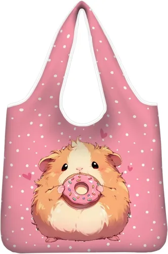 Vista 26 de Belidome Bolsa de comestibles con diseño de donas de ajolotl para compras, lavable, reutilizable, con bolsillo para asa