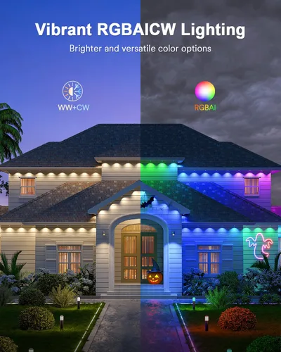 Vista 3 de Luces exteriores permanentes Lumary Max 53 pies con 40 luces de cornisa LED RGBAICW 2400LM, IP67 impermeable, control IC y modos de escena