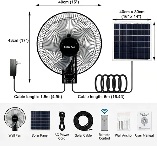 Vista 7 de Ventilador solar para exteriores de 16 pulgadas con control remoto, ventilador solar de montaje en pared, 5 aspas, 3 velocidades, temporizador