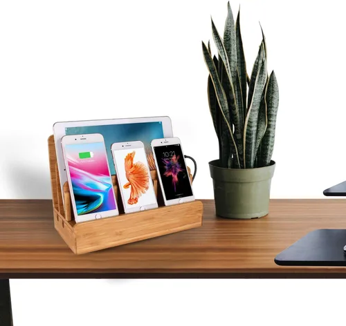 Vista 7 de Estación de carga de escritorio multidispositivo de madera de bambú Soporte de cargador compatible con iPhone 16 15 14 13 12 11 Pro Max iPad mini