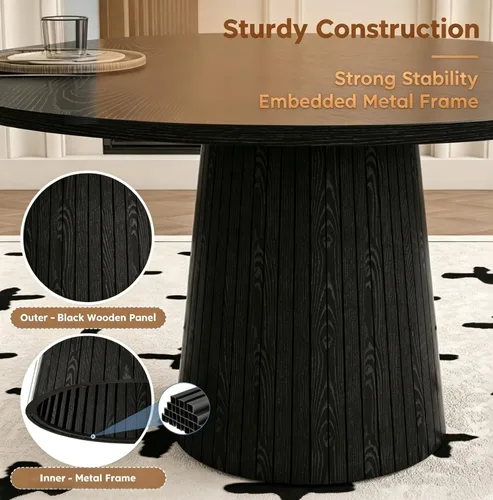 Vista 5 de Black Round Dining Table Set for 4, 47 In Kitchen Table with 4 Fabric Chair Farmhouse Circle Dinner Table with Heavy Duty Pedestal, Beige