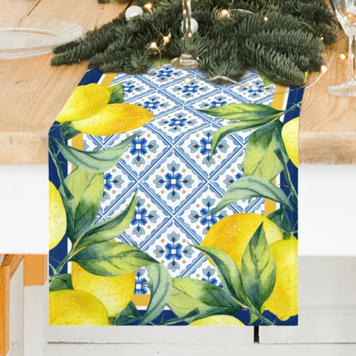 Vista 2 de Camino de mesa de limón para primavera y verano, camino de mesa azul cian limón, 13 x 72 pulgadas, decoración de cocina italiana de temporada