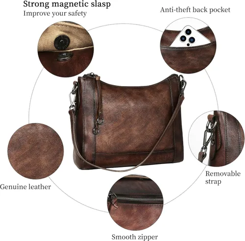 Vista 5 de Iswee Bolsos cruzados de cuero genuino para mujer, bolso de mano, bolso de mano, bolso de hombro vintage para trabajo