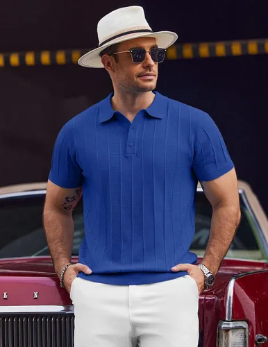 Vista 56 de COOFANDY Camisas polo de punto para hombre de manga corta con textura acanalada Camisas de golf casuales y ligeras con cuello Camiseta de polo