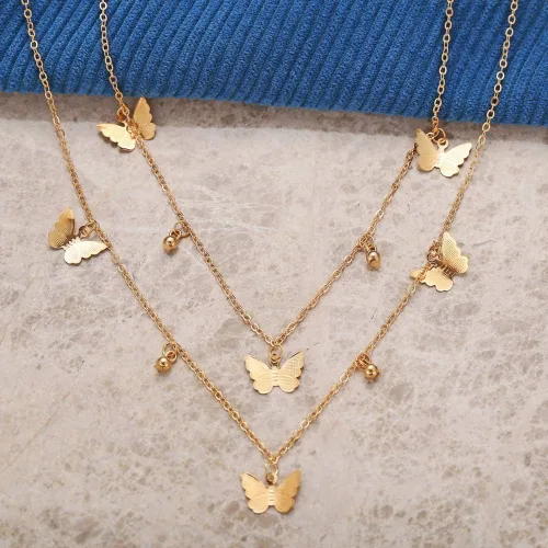 Vista 4 de Juego de collar y aretes con dije de mariposa ajustable para mujer, aretes de aro de oro, gargantilla