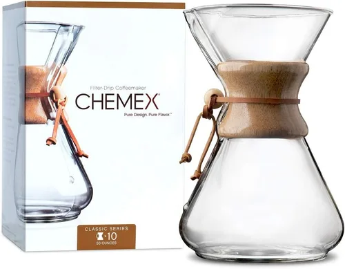 Vista 2 de Chemex Cafetera de vidrio para verter - Serie clásica - 10 tazas - Embalaje exclusivo Cafetera manual grande del goteo, vidrio de borosilicato
