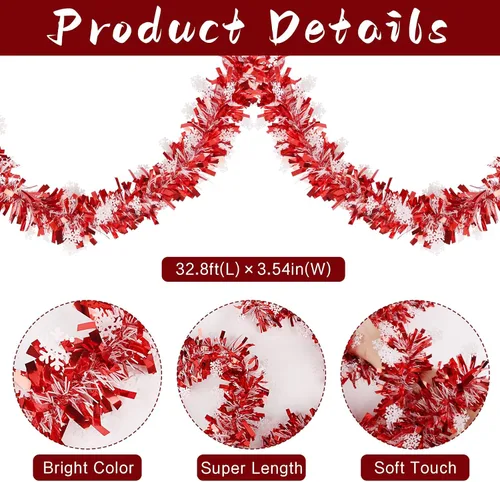 Vista 2 de CCINEE Guirnalda de oropel de Navidad de copo de nieve rojo de 32.8 pies, guirnalda metálica de oropel giratorio, decoración de árbol para fiesta
