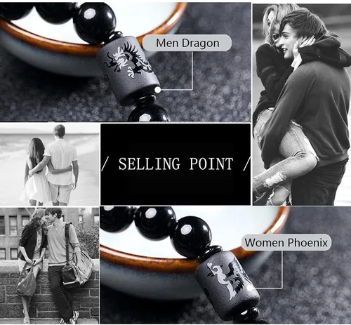 Vista 6 de SX Commerce Pulsera de cuentas de piedra de obsidiana natural para parejas, hombres y mujeres, 0.315in, joyería de tótem de dragón y fénix
