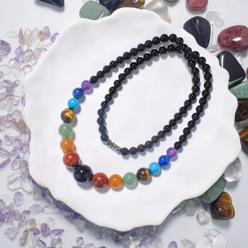 Vista 6 de Juego de collar y aretes de ágata negra de 7 chakras, collar de piedra natural, aretes de piedra de cristal curativo, Ágata negra, amatista púrpura