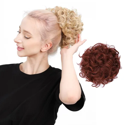 Vista 14 de Moño de cabello rizado desordenado, pieza de cabello sintético resistente al calor, extensiones de moño de cabello despeinado con cordón Updos Negro