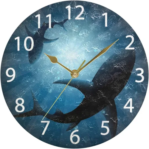 Vista 5 de senya Reloj de pared redondo de tiburones bajo el agua, pintura al óleo silenciosa sin tictac, decorativo para el hogar, oficina, escuela, reloj