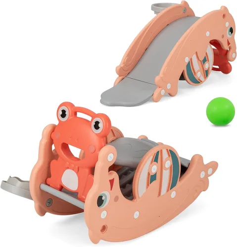 Vista 9 de Costzon - Juego de tobogán para niños pequeños de 5 en 1, juguete con columpio, tobogán para niños con taburete desmontable, aro de baloncesto