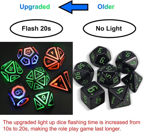 Vista 3 de Juego de dados DND recargables, dados iluminados, 7 dados LED balanceados brillantes, dados electrónicos, dados D & D, juego de dados poliédricos
