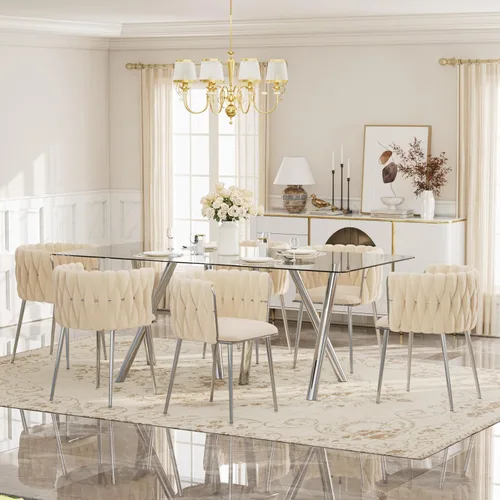 Vista 12 de Glam Style - Juego de mesa de comedor de 5 piezas para 4, mesa de comedor rectangular de vidrio templado de 51 pulgadas con base de metal dorado