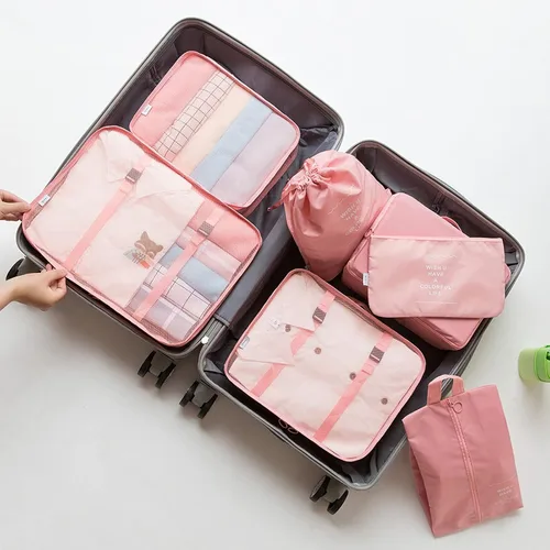 Vista 5 de Juego de 7 cubos de equipaje de viaje, organizador de equipaje para maleta, juego de bolsas para artículos esenciales de viaje, accesorios de viaje