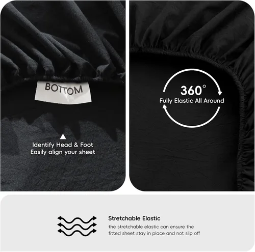 Vista 4 de MooMee Sábana bajera ajustable únicamente, 100% algodón lavado con textura tipo lino, transpirable, duradera, suave, cómoda, bolsillo profundo, se