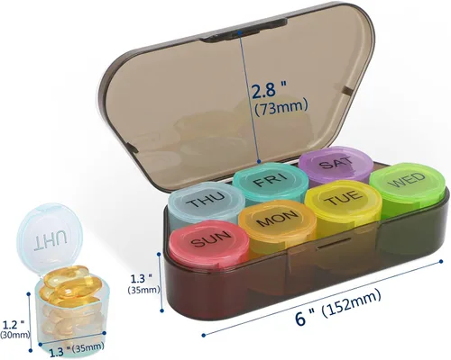 Vista 2 de NatureTouch Organizador semanal de píldoras, organizador de medicamentos sin BPA, arco iris, 7 días, pastillero portátil diario para pastillas