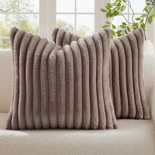 Vista 11 de decorUhome Fundas de almohada de piel sintética, juego de 2, decorativas, afelpadas, suaves, afelpadas, a rayas, parte posterior de terciopelo