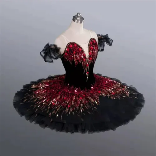 Vista 2 de ZJHYXYH - Disfraz de ballet profesional negro y rojo para competición, disfraz de ballet para adultos, panqueques clásico