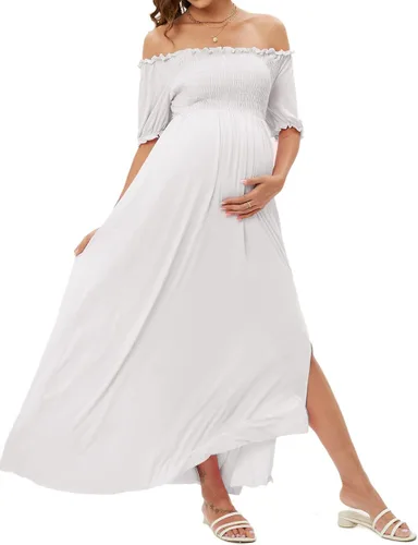 Vista 5 de ZIUMUDY Vestido de maternidad con hombros descubiertos y abertura lateral largo para sesión de fotos, vestido de baby shower fluido