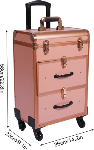 Vista 9 de Estuche de maquillaje profesional con ruedas, con cajones, carrito grande para cosméticos con cerraduras, organizador de almacenamiento