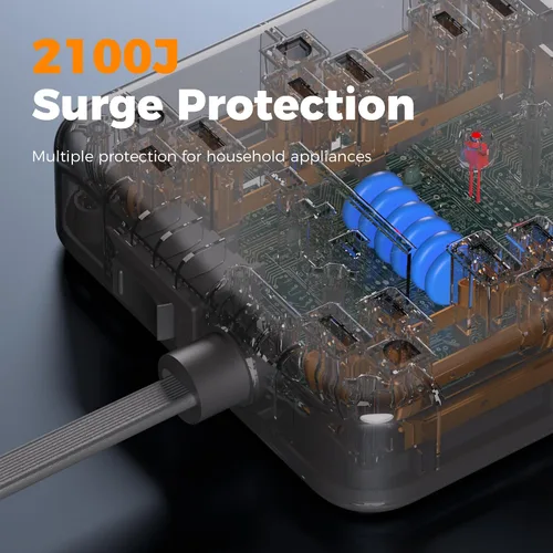 Vista 3 de TESSAN – Regleta de alimentación con USB, cable de extensión con 6 salidas ampliamente espaciadas 2100 Joules Surge Protector Power Strip, 6
