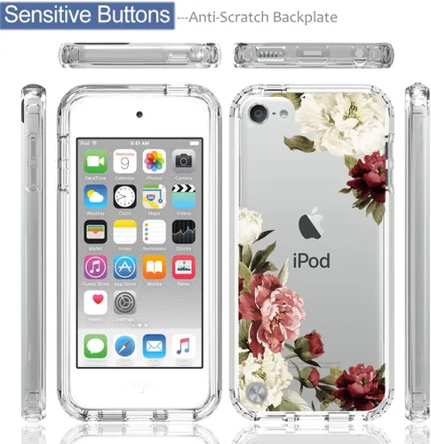 Vista 5 de Funda para iPod Touch 6/Touch 5/Touch 7 con protector de pantalla de vidrio templado, bonito patrón floral transparente, funda protectora de cuerpo