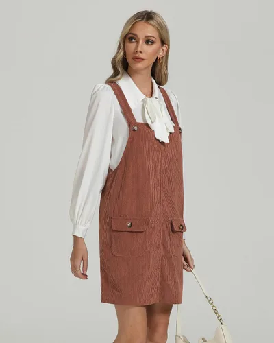 Vista 32 de luvamia Vestido de pana para mujer, tirantes ajustables, casual, a la moda, overoles cortos con bolsillos