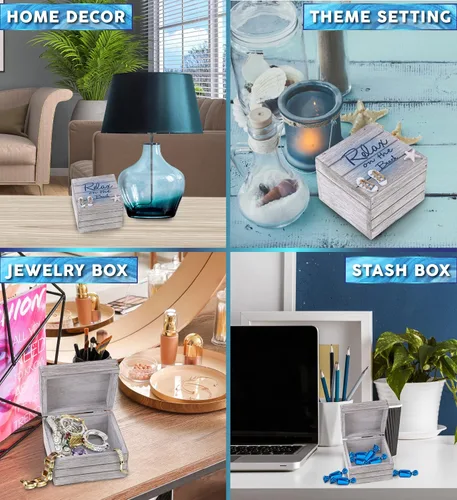 Vista 3 de CoTa Global Aqua Sky Relax Caja de madera Baratija náutica mediana hecha a mano con sandalias y decoración de estrellas de mar, decoración de mesa