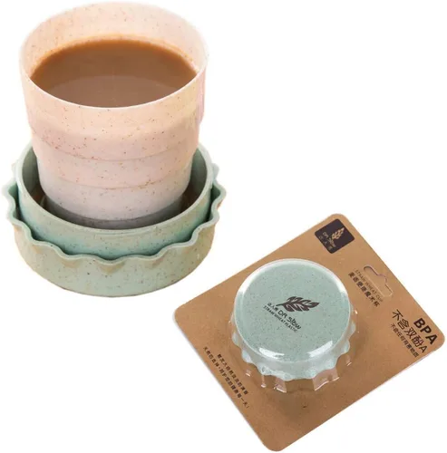 Vista 11 de Taza de camping plegable con tapa, plegable telescópica de trigo con paja, taza de agua plegable sin BPA para viajes al aire libre, color beige