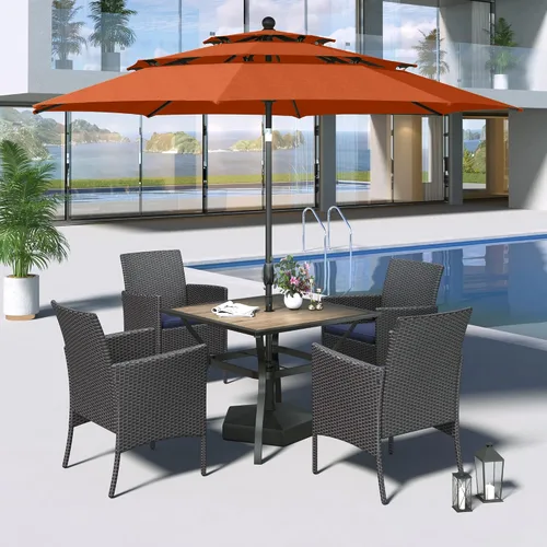 Vista 14 de MFSTUDIO Juego de comedor al aire libre para 4, juegos de comedor de 5 piezas, mesa de patio y sillas para 4 con paraguas, juego de muebles de Beige