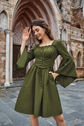 Vista 7 de Scarlet Darkness Vestido renacentista para mujer, manga larga, acampanado, medieval, cuello cuadrado, vestido de patinadora con bolsillos