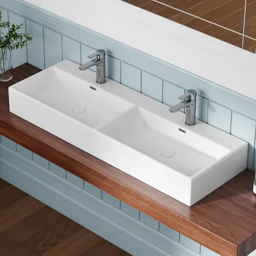 Vista 10 de Eridanus Lavabo de Baño Rectangular 43" x 16", Lavabo Vasija de Cerámica Vítrea de Dos Orificios, Montaje en Encimera y Pared, Lavabo Flotante