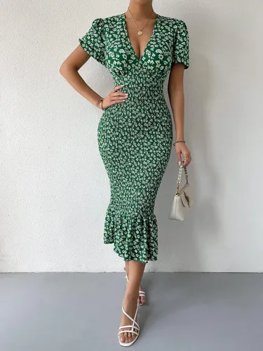 Vista 4 de Floerns Vestido midi ajustado de manga corta con cuello en V y estampado floral para mujer