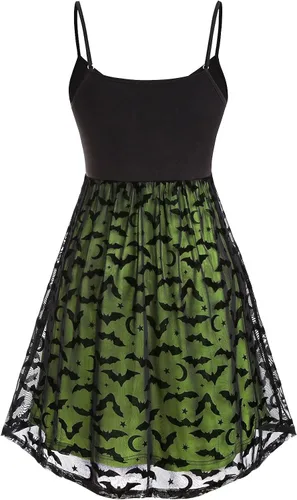Vista 3 de SHOPESSA Vestidos góticos con tirantes delgados para mujer, vestido cruzado de Halloween de doble capa, dobladillo con volantes, vestido de fiesta