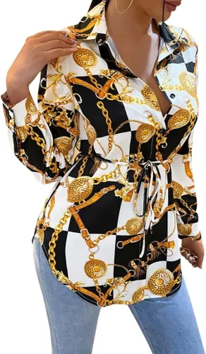 Vista 2 de Vestidos tipo camisa para mujer, sexy, con botones, con cuello, blusas de manga larga, estampado floral