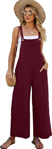 Vista 5 de Flygo Overol con pechera de algodón para mujer, ajuste holgado, pierna ancha, overol casual con bolsillos Negro