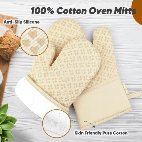 Vista 3 de Manoplas de horno y soportes para ollas 4 juegos, guantes de horno resistentes al calor de 500 ℉ y soporte para ollas, guantes de horno