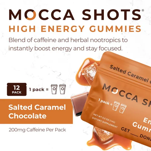 Vista 3 de SGC Concentración más alta 100mg de cafeína por gomita, 2 gomitas por paquete, paquete de 6 shots de moca de caramelo salado a base de plantas