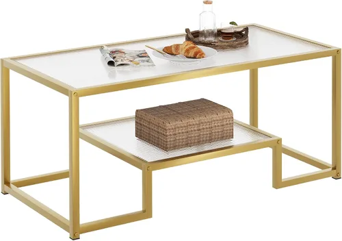 Vista 9 de Mesa de café Wolawu Mesa de café dorada de vidrio para sala de estar, mesa de centro rectangular de 2 niveles con tapa de vidrio acanalada y marco