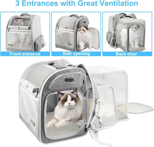 Vista 3 de Texsens Mochila para gatos expandible para mascotas, mochila para mascotas para gatos medianos y perros pequeños, ideal para viajes, senderismo y al