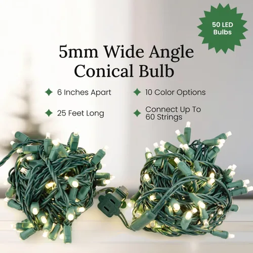 Vista 3 de Luces LED de Navidad Pro – 50 unidades de luces de cadena cónicas de ángulo amplio – Juego de luces festivas profesionales para interiores