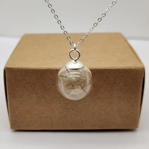 Vista 3 de Collar de cadena de plata de ley 925 con colgante de bola de cristal de flor real de diente de león Make a Wish para mujer, hecho a mano