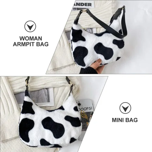 Vista 7 de PRETYZOOM bolso de hombro de felpa de vaca de impresión bolso de las mujeres de felpa bolso de mano otoño invierno suave casual esponjoso mujer