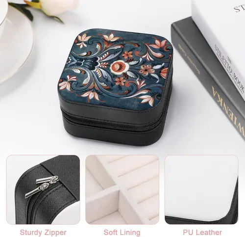 Vista 5 de Caja de joyería de viaje estilo folclórico noruego, caja de piel sintética, organizador de collares, regalo para mujeres y niñas, 4 x 4 x 2.2
