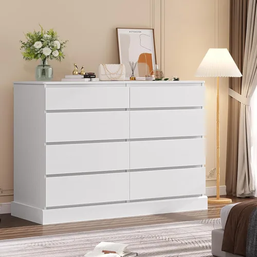 Vista 7 de EPHEX Cómoda de dormitorio con 8 cajones, cómoda doble grande blanca, moderna cómoda organizadora de almacenamiento para dormitorio, sala de estar